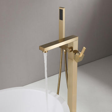 Dree Brushed Gold Freestanding Tub Filler Floor Mount Bathtub Faucet with Hand Shower